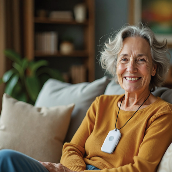 Seniorin mit mobilem Notruf-Anhänger auf dem Sofa